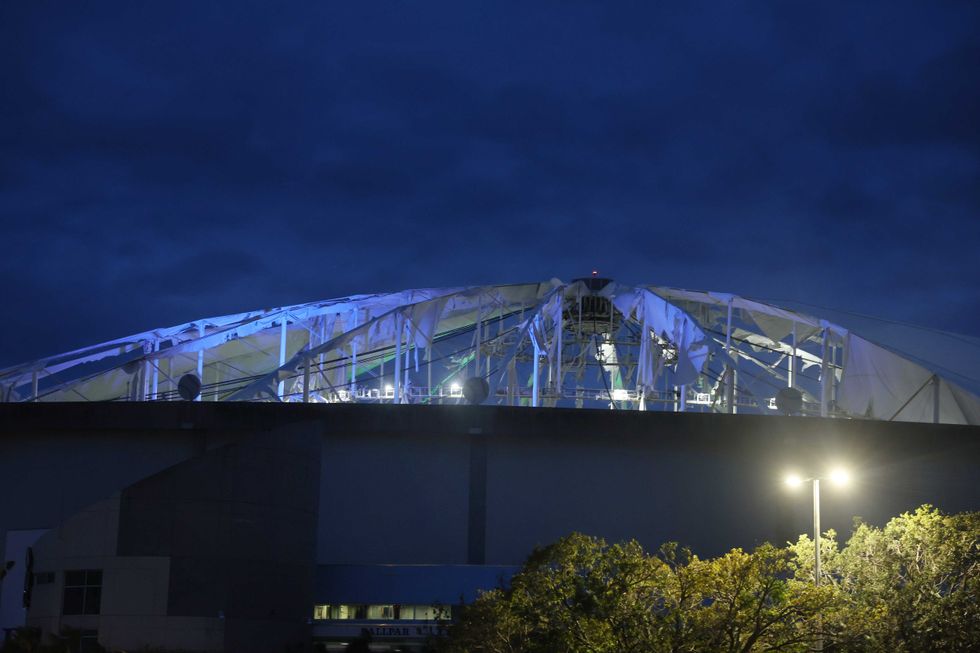 The roof at Tropicana Field, the home of the Tampa Bay Rays, sustained major damage because of high winds associated with Hurricane Milton on October 10, 2024 in St. Petersburg, Florida. Milton, which comes just after the recent catastrophic Hurricane Helene, landed into Florida