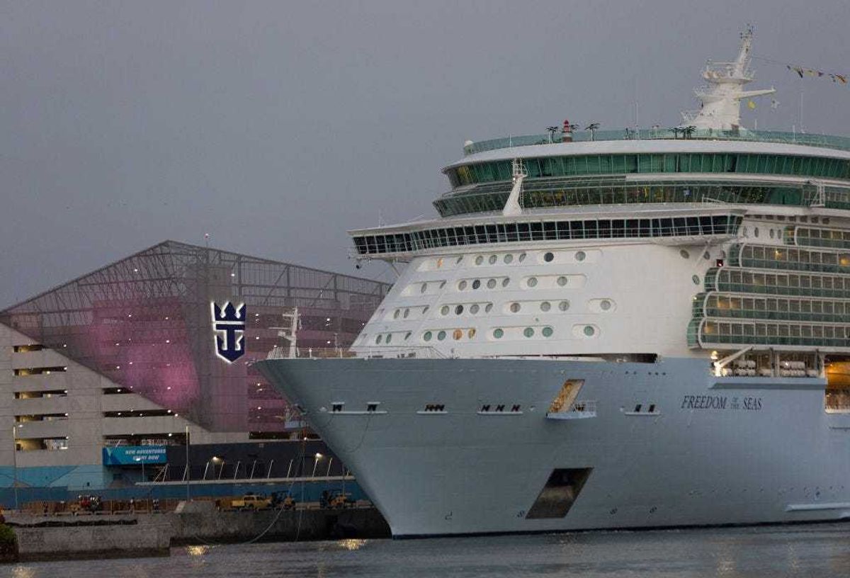 The Royal Caribbean's cruise ship, Freedom of the Seas, docks at PortMiami on May 06, 2022 in Miami, Florida. Royal Caribbean reported on Thursday a first-quarter loss of $4.58 a share, slightly better than a loss of $4.66 a year earlier. Revenue jumped to about $1.06 billion from $42 million in last year’s first quarter. (Photo by Joe Raedle/Getty Images)