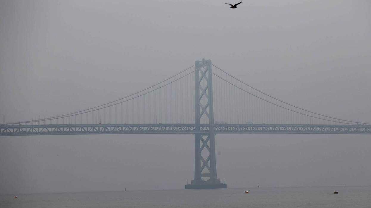 The San Francisco-Oakland Bay Bridge is seen through hazy and smoky conditions on September 03, 2020 in San Francisco, California.