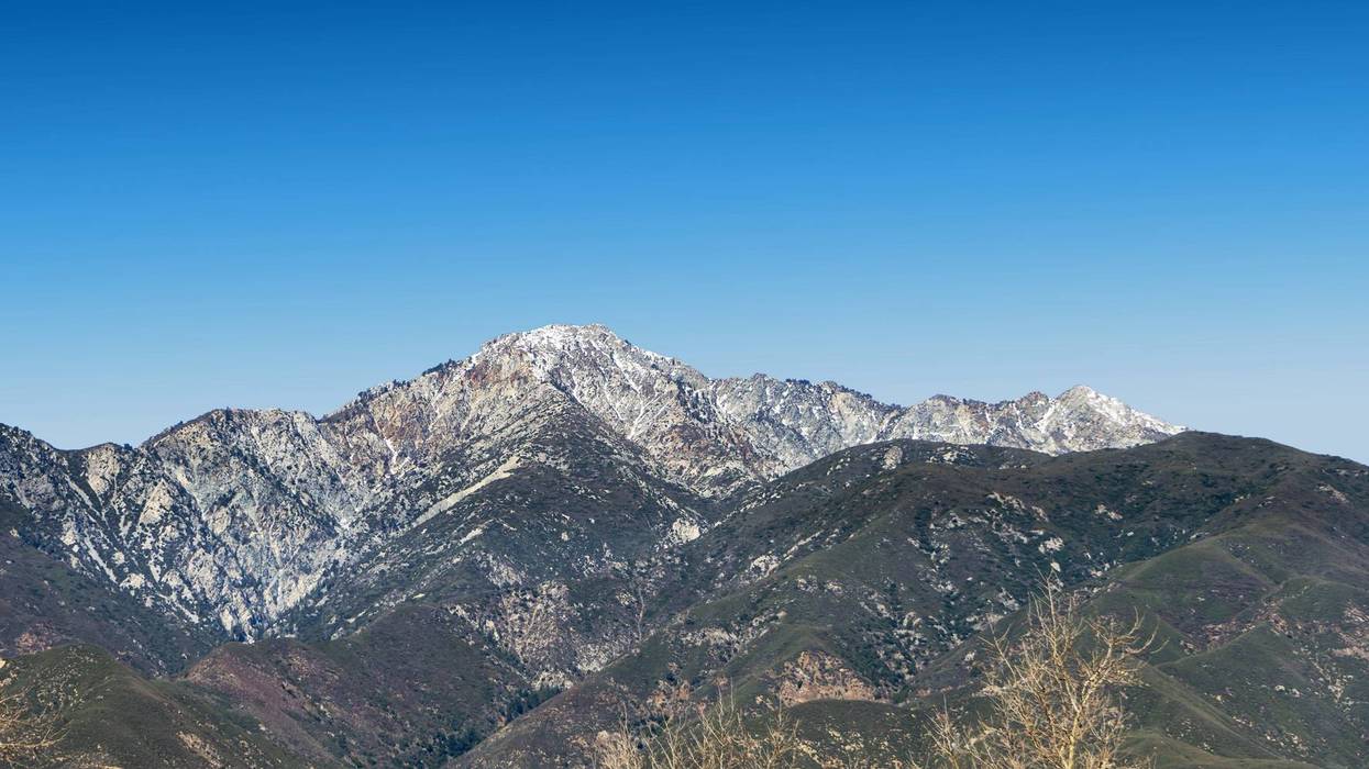 The San Gabriel Mountains with snow on Cucamonga Peak as seen from the Rancho Cucamonga area