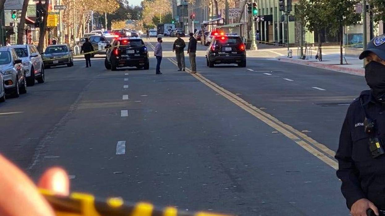 The scene after security guard Kevin Nishita was shot during an attempted robbery of a T.V. news crew in Oakland.