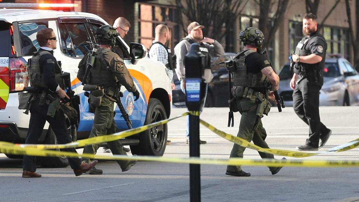 The scene of a shooting in downtown Louisville on Monday, April, 10, 2023.