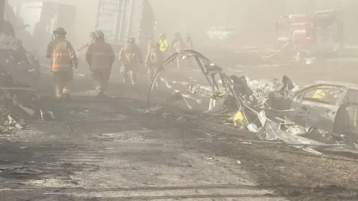 The scene south of Springfield, where a dust cloud has caused multiple accidents on Interstate 55.