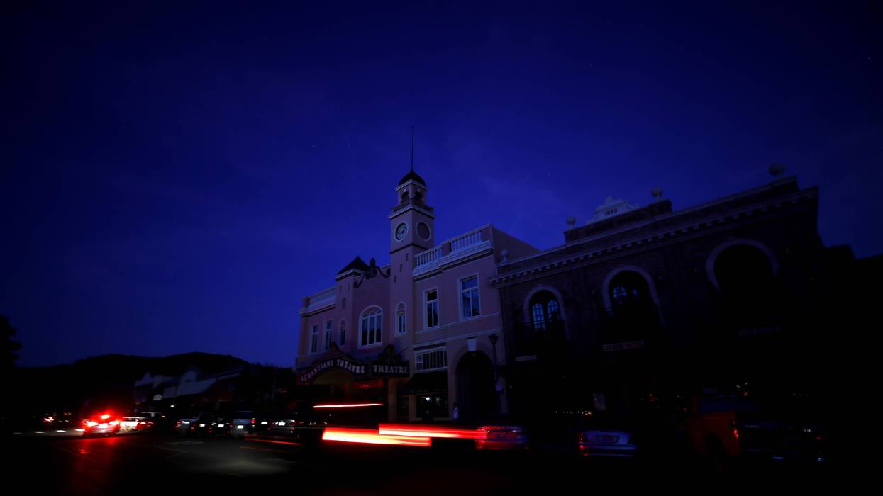 : The Sebastiani Theatre and much of downtown remained dark on October 10, 2019 in Sonoma, California. Power outages were scheduled as preemptive moves by PG&E to address hot, dry and windy weather and the risk of wildfires, according to the company.