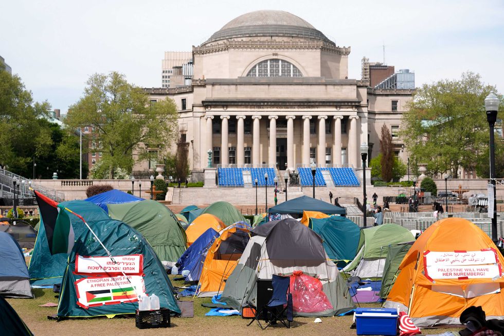 The since-removed encampment is seen on Columbia