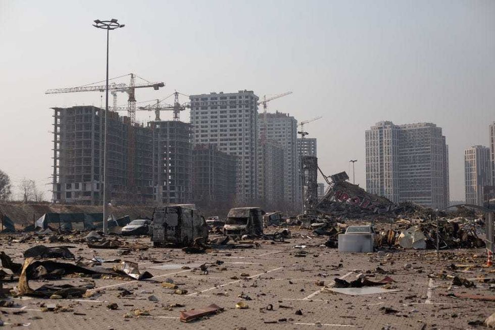 The site of a rocket explosion where a shopping mall used to be on March 23, 2022 in Kyiv, Ukraine.
