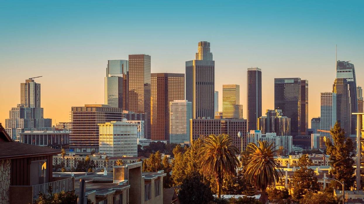 the skyline of los angeles during sunset