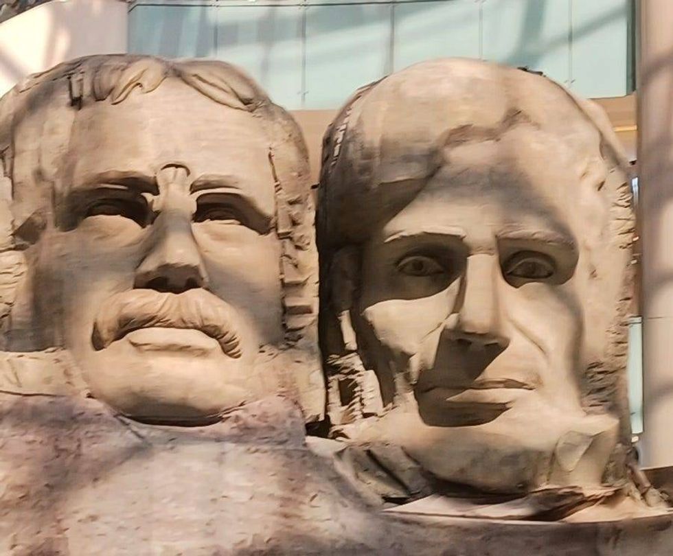 The South Dakota Department of Tourism has placed a model of Mt. Rushmore in an ice skating rink in Dallas.