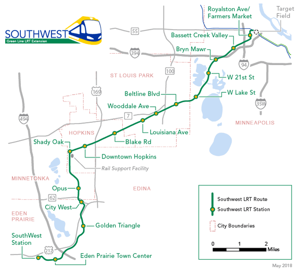 The Southwest Light Rail route and station stops for when it is fully completed sometime in 2027.
