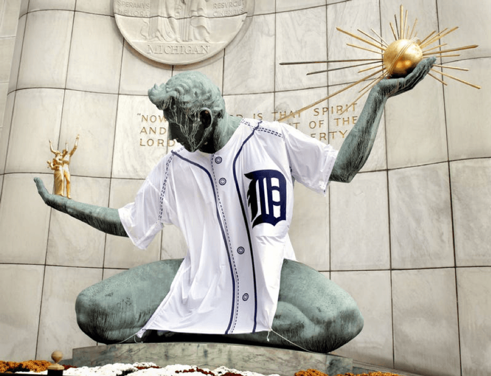 The Spirit of Detroit dons a custom Detroit Tigers jersey.