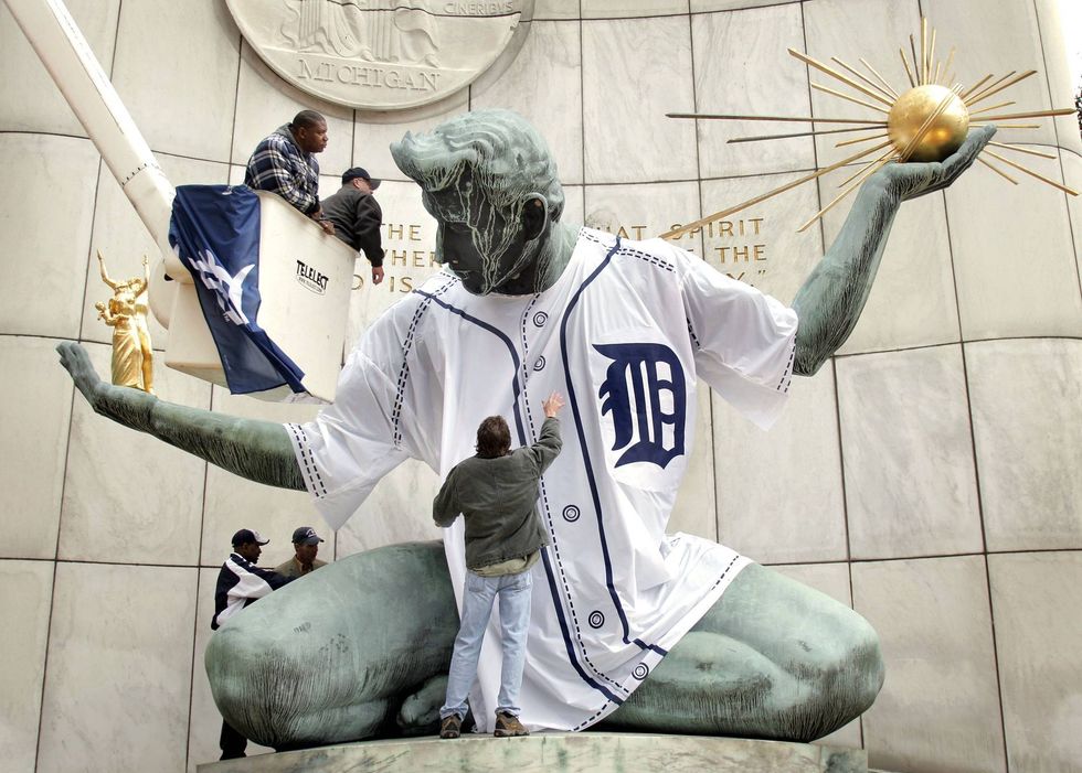 The Spirit of Detroit statue is dressed in a giant Detroit Tigers jersey October 20, 2006 in Detroit, Michigan.