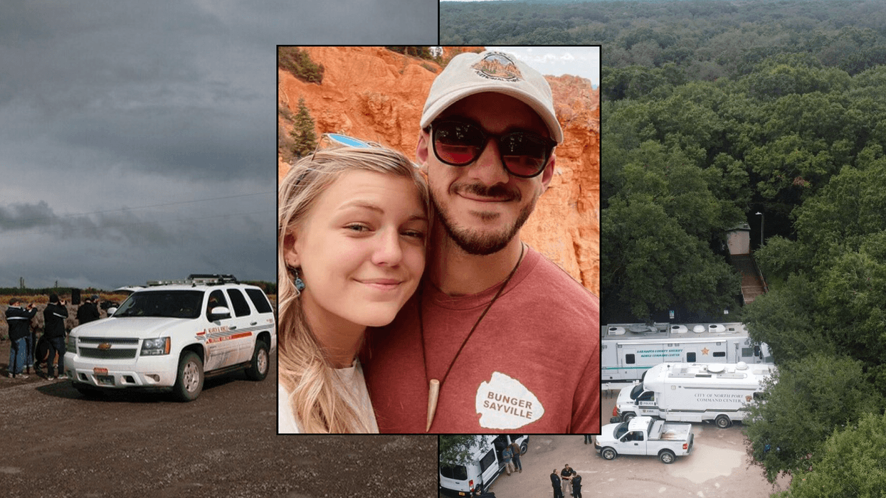 The Spread Creek area of Wyoming's Bridger-Teton National Forest (left) and Florida's Carlton Reserve (right). Gabby Petito and Brian Laundrie (center)