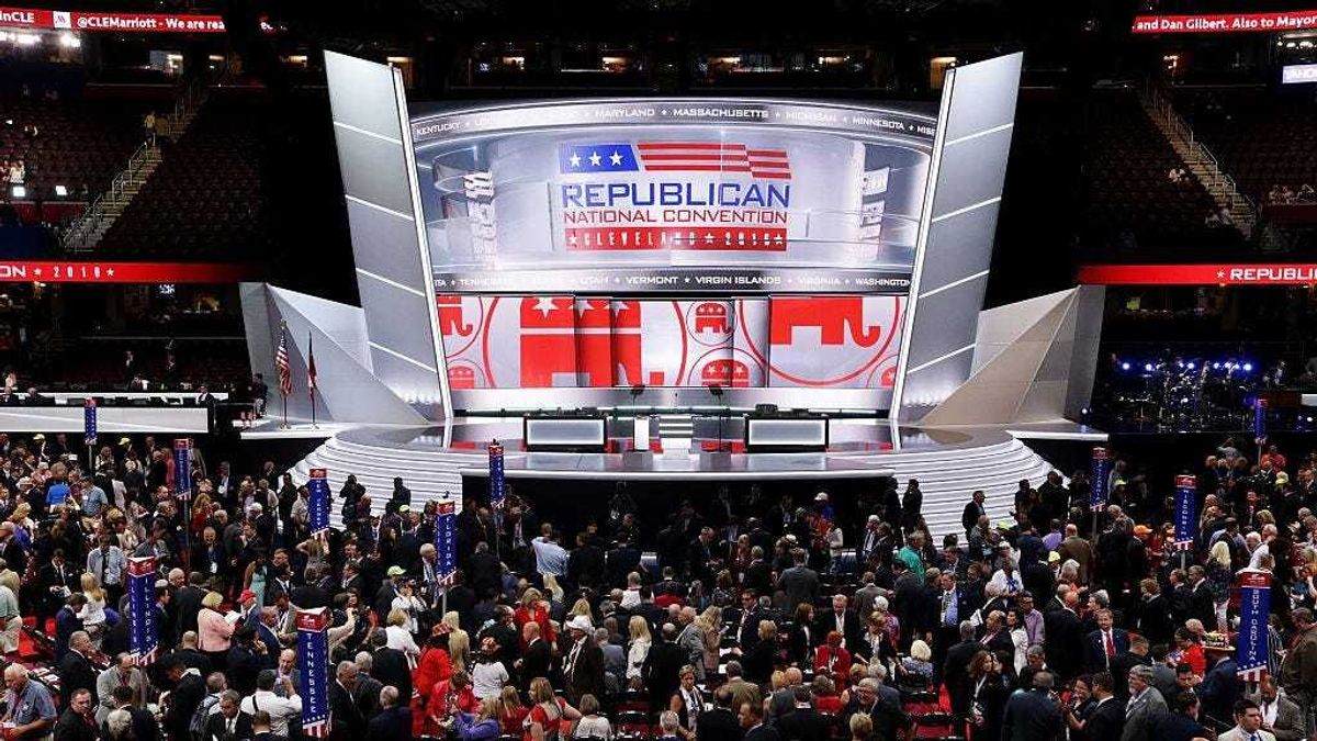 The stage is left empty after Republican National Committee Chairman Reince Priebus left the stage during protests on the floor on the first day of the Republican National Convention on July 18, 2016 at the Quicken Loans Arena in Cleveland, Ohio.