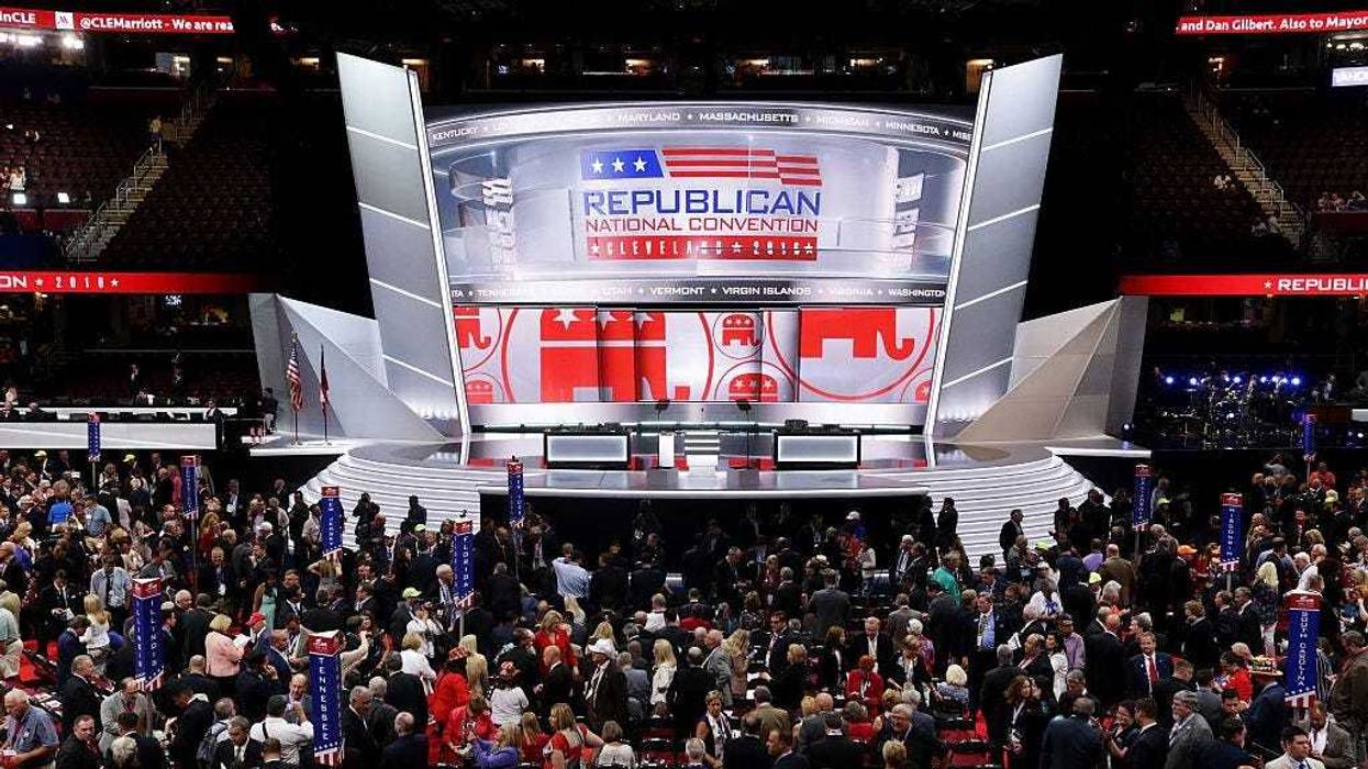 The stage is left empty after Republican National Committee Chairman Reince Priebus left the stage during protests on the floor on the first day of the Republican National Convention on July 18, 2016 at the Quicken Loans Arena in Cleveland, Ohio.