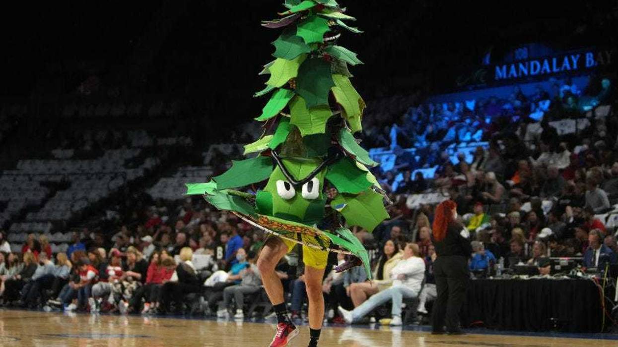 The Stanford Tree performs during the championship game of the Pac-12 Conference women's basketball tournament at Michelob ULTRA Arena on March 06, 2022 in Las Vegas, Nevada.