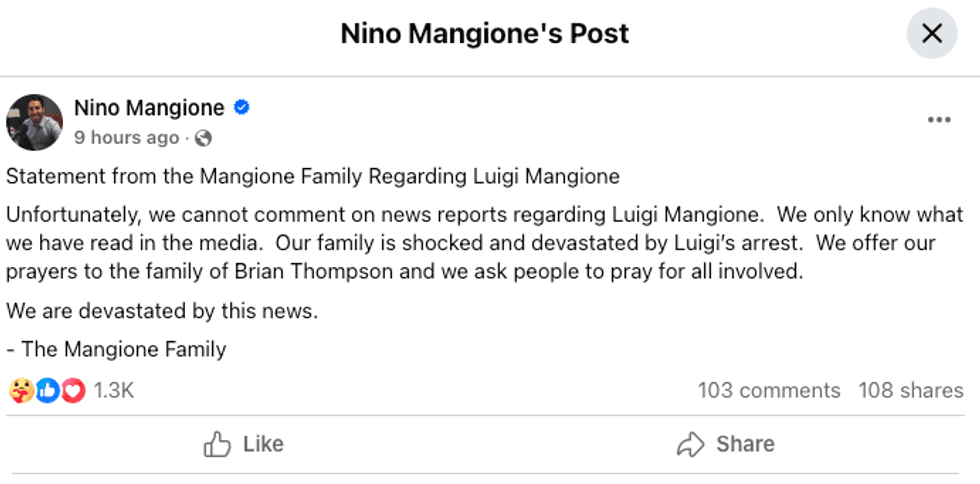 The statement from the Mangione Family regarding Luigi Mangione