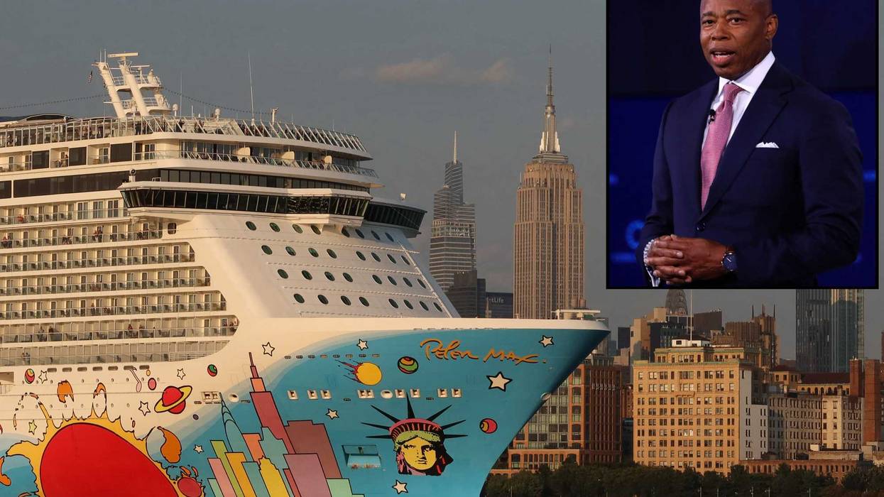 The sun sets on the Norwegian Breakaway cruise ship as it sails in the Hudson River.