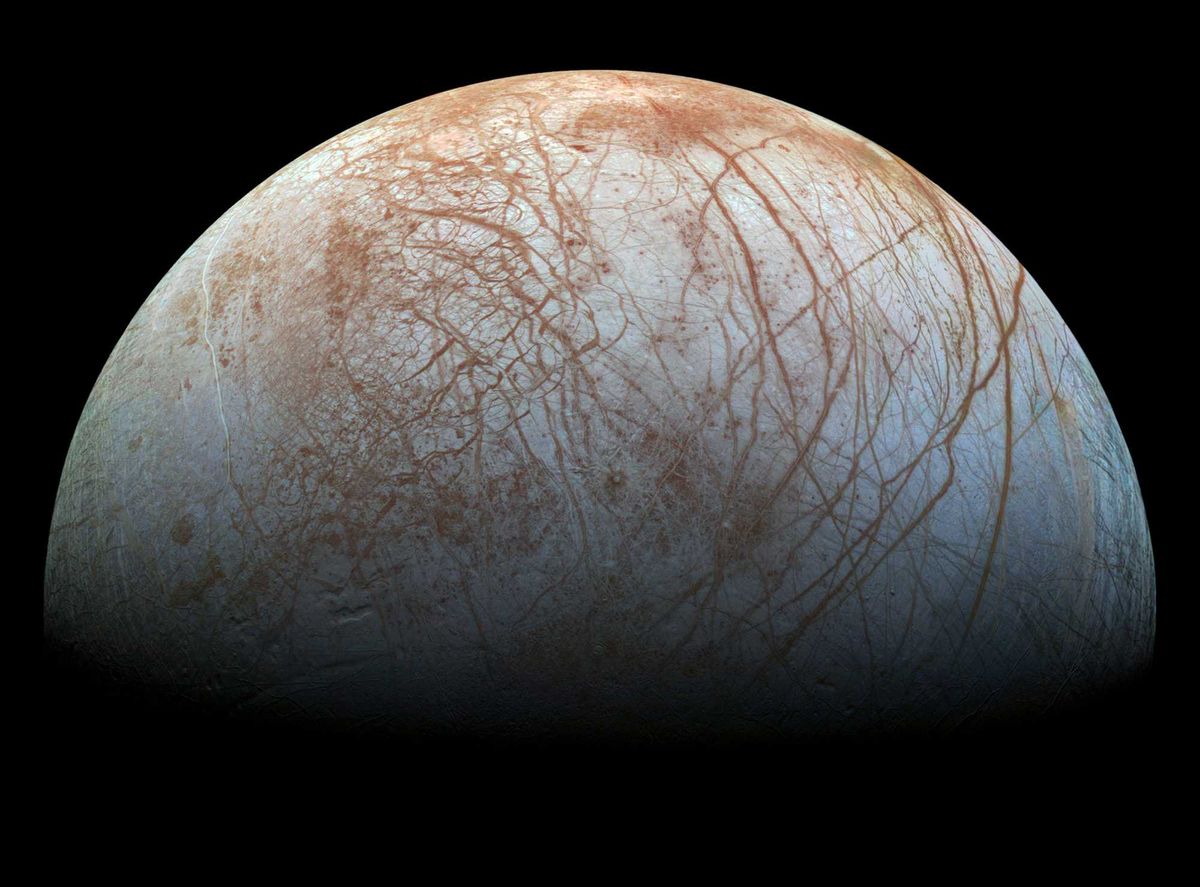 The surface of Jupiter's icy moon Europa is seen in this reprocessed color view, made from images taken by NASA's Galileo spacecraft in the late 1990s. Credit: NASA/JPL-Caltech/SETI Institute