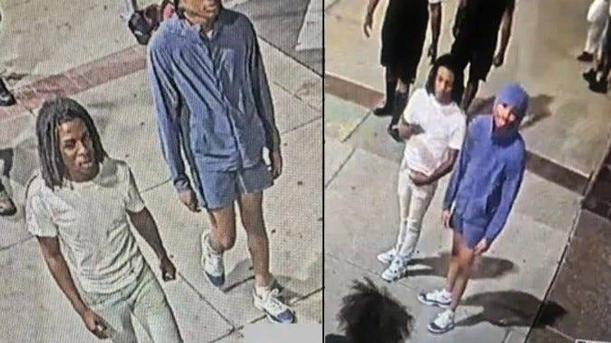 The suspect in blue is sought by police. The second man pictured is considered a person of interest.