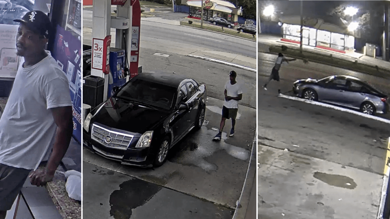 The suspect is seen in three photos. In the center, with his vehicle; and, at right, throwing a brick,