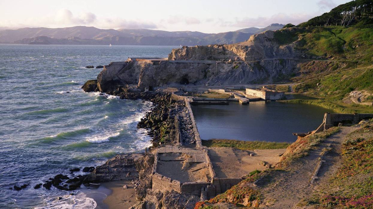 The Sutro Baths landmark in San Francisco, close to sunset.