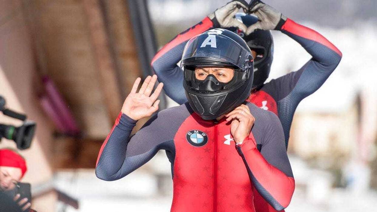 The Team Elana Meyers Taylor, front, and Lauren Gibbs from USA reacts at the Women two Bob Sledge World Cup in St. Moritz, Switzerland, on Saturday, Jan. 26, 2019