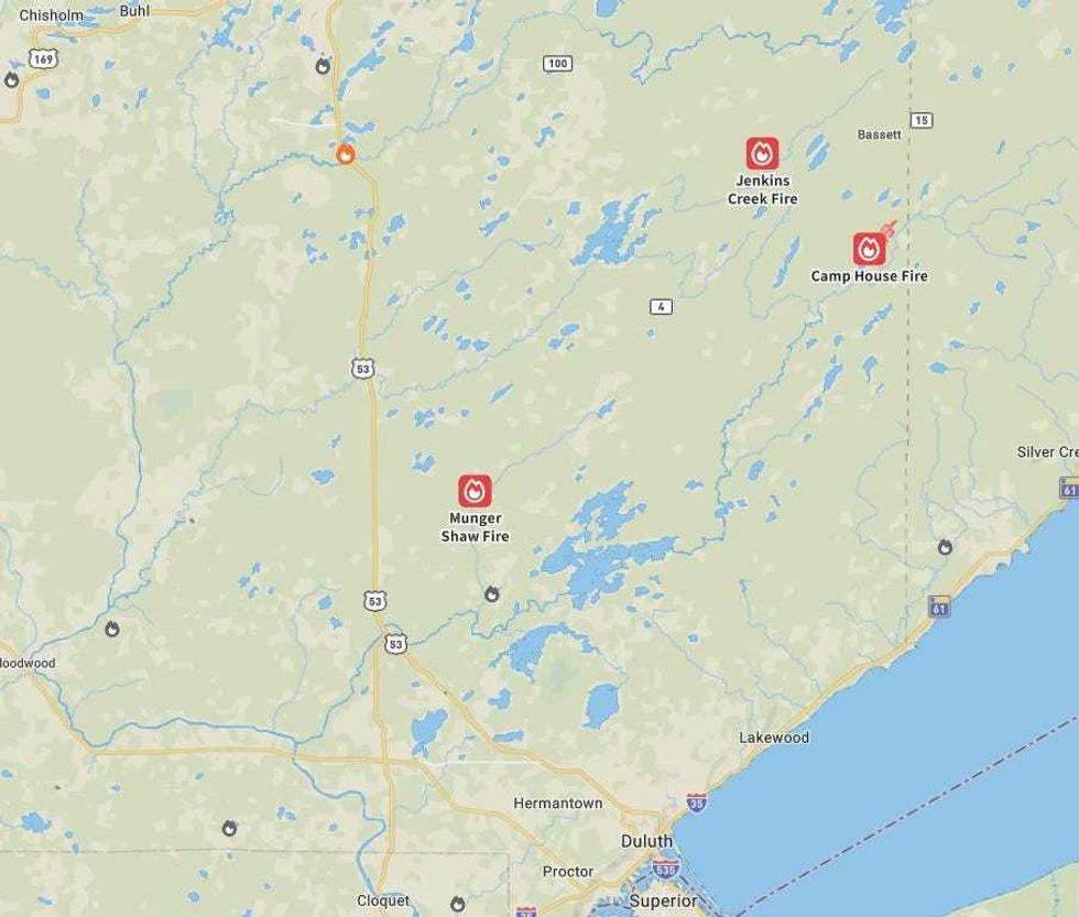 The three fires currently burning and leading to evacuations north of Duluth, Minnesota.