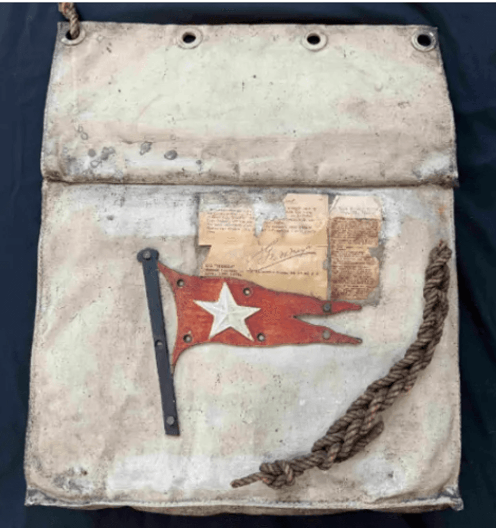 The Titanic lifeboat seat cushion is being sold alongside an original length of rope from the ship