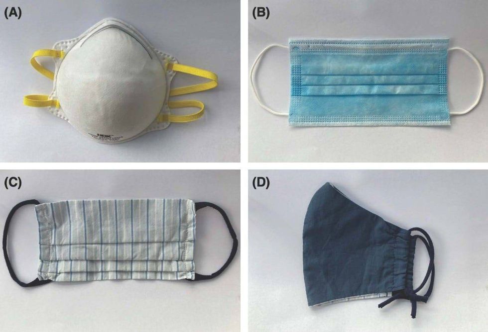 The Toscanos used four different masks in their study: (a) an N95 masks, (b) a surgical mask, and (c-d) two homemade cloth masks.