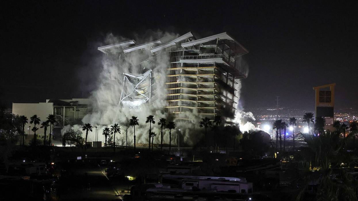 The tower of the Eastside Cannery Casino and Hotel is demolished by implosion early on March 05, 2026 in Las Vegas, Nevada.