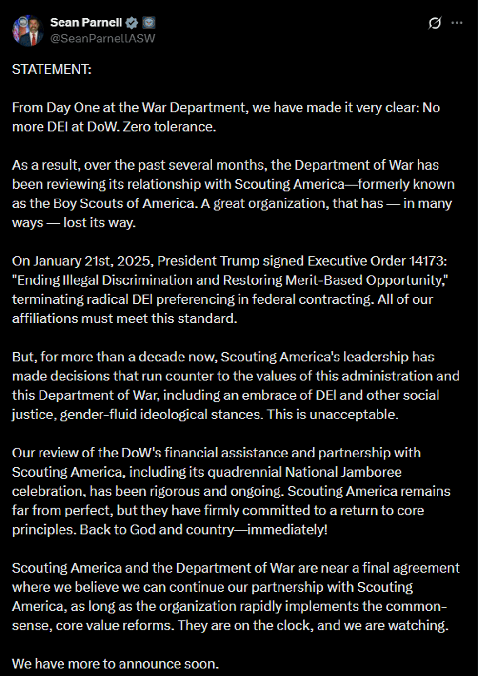 The U.S. Department of Defense is warning Scouting America, the Irving-based organization formerly known as the Boy Scouts of America, that it risks losing long-standing military support if it does not implement what the Pentagon calls "core value reforms."