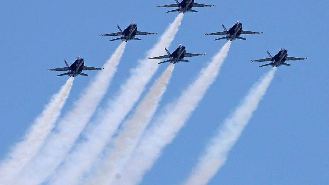 The U.S. Navy Blue Angels fly over Chicago in solidarity with healthcare and frontline workers as the coronavirus (COVID-19) global pandemic continues on May 12, 2020 in Chicago, Illinois. The Blue Angels have recently made similar flights over other cities around the United States.