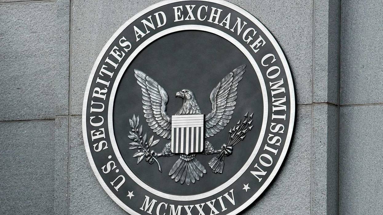 The U.S. Securities and Exchange Commission seal hangs on the facade of its building in Washington, DC.