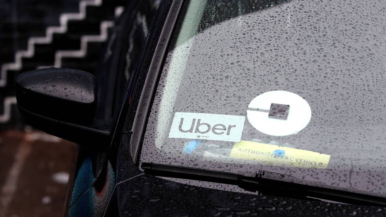 The Uber logo is displayed on a car on March 22, 2019 in San Francisco, California.