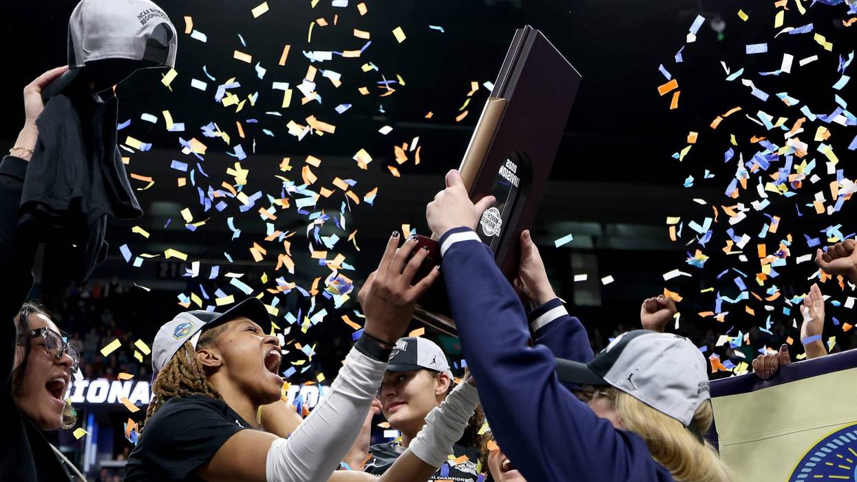 The UCLA Bruins celebrate after winning the Spokane regional championship after defeating LSU Lady Tigers 72-65 in the Elite Eight round of the NCAA Women's Basketball Tournament at Spokane Arena on March 30, 2025 in Spokane, Washington.
