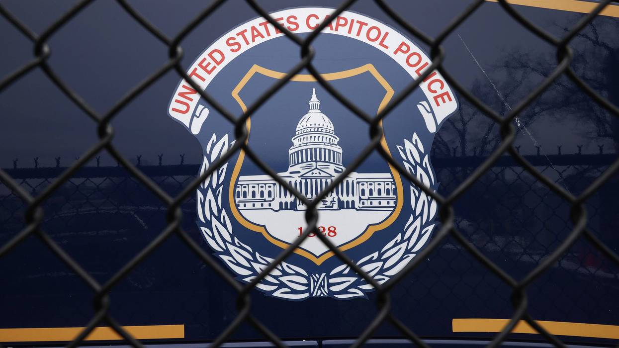 The United States Capitol Police seal appears on the side of a bus parked near the headquarters on February 19, 2021 in Washington, DC.