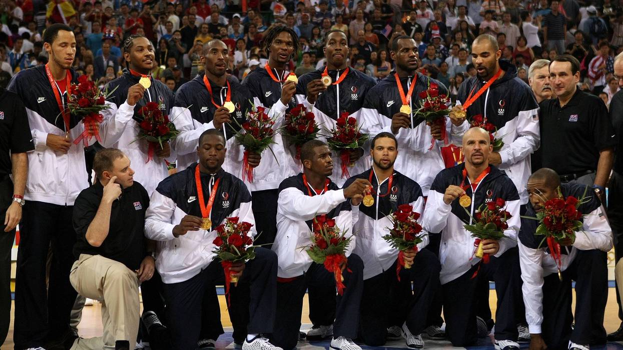 The United States poses after receiving the gold medal in men's basketball after defeating Spain during Day 16 of the Beijing 2008 Olympic Games at the Beijing Olympic Basketball Gymnasium on August 24, 2008 in Beijing, China.