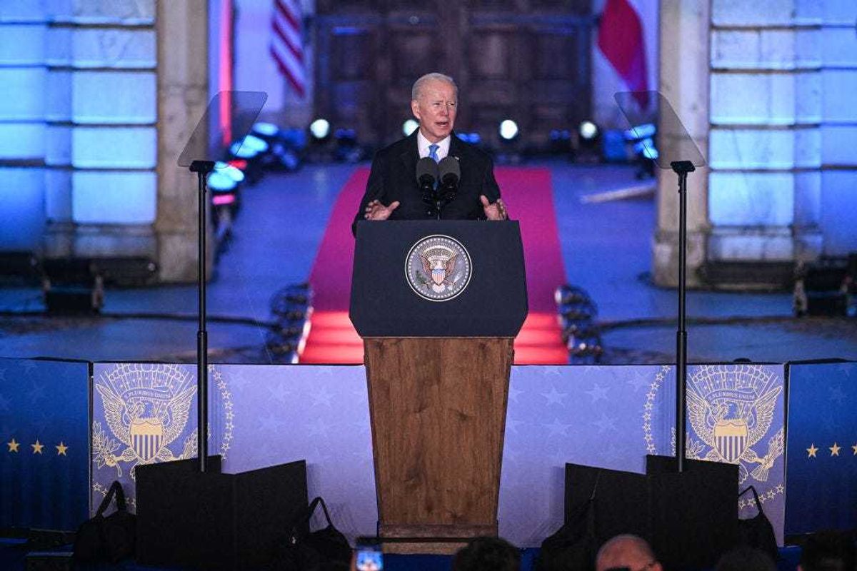 The US President, Joe Biden delivers a speech at the Royal Castle on March 26, 2022 in Warsaw, Poland. Biden arrived in Poland yesterday, meeting with the Polish president as well as U.S. troops stationed near the Ukrainian border, bolstering NATO's eastern flank. (Photo by Omar Marques/Getty Images)