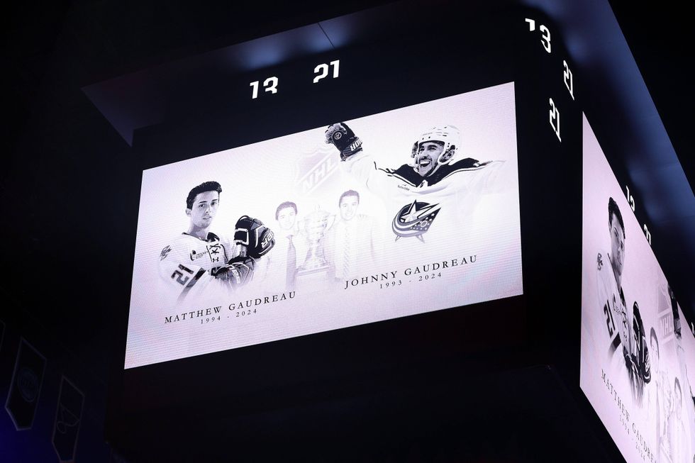 The videoboard honors brothers Matthew and Johnny Gaudreau prior to the start of the season opener between the Columbus Blue Jackets and Minnesota Wild at Xcel Energy Center on Oct. 10, 2024, in St. Paul, Minnesota.