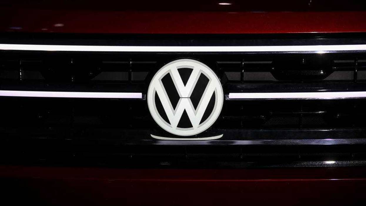 The Volkswagen logo is displayed on the Volkswagen Atlas Cross Sport concept SUV at the New York International Auto Show, March 28, 2018 at the Jacob K. Javits Convention Center in New York City.