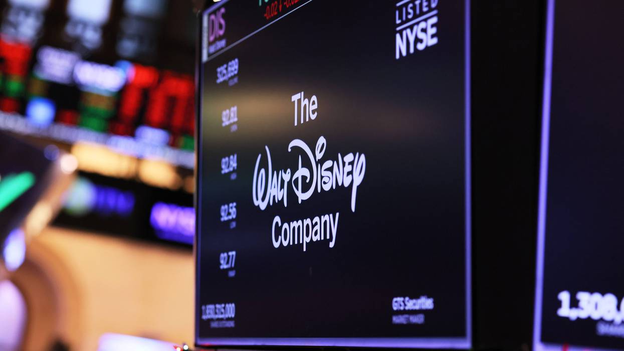 The Walt Disney company logo is displayed on the floor of the New York Stock Exchange during morning trading on December 01, 2023 in New York City.