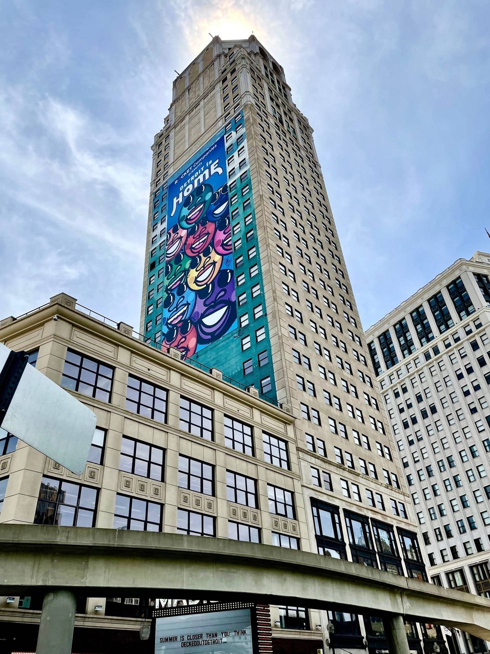 The whales mural on the Broderick Tower in Detroit has been covered up with this ad for Rocket Mortgage