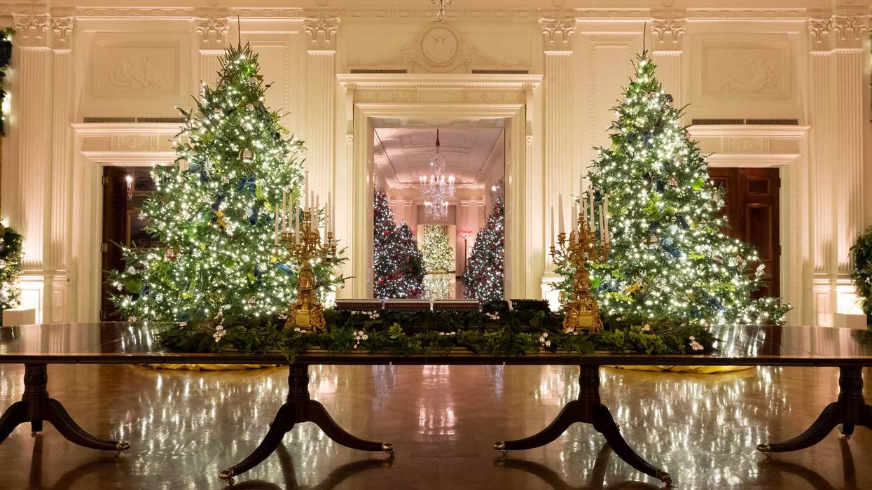 The White House Express train decorates the center table of the East Room of the White House Sunday, Nov. 29, 2020.