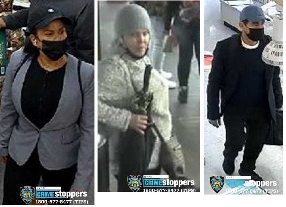 The woman police believe snatched the rings (left) and the woman and man they believe acted as lookouts (middle and right)