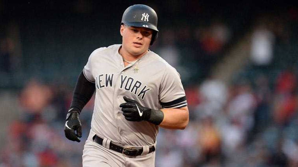 The Yankees' Luke Voit rounds the bases after hitting a solo home run against the Los Angeles Angels on April 23, 2019, at Angel Stadium of Anaheim.