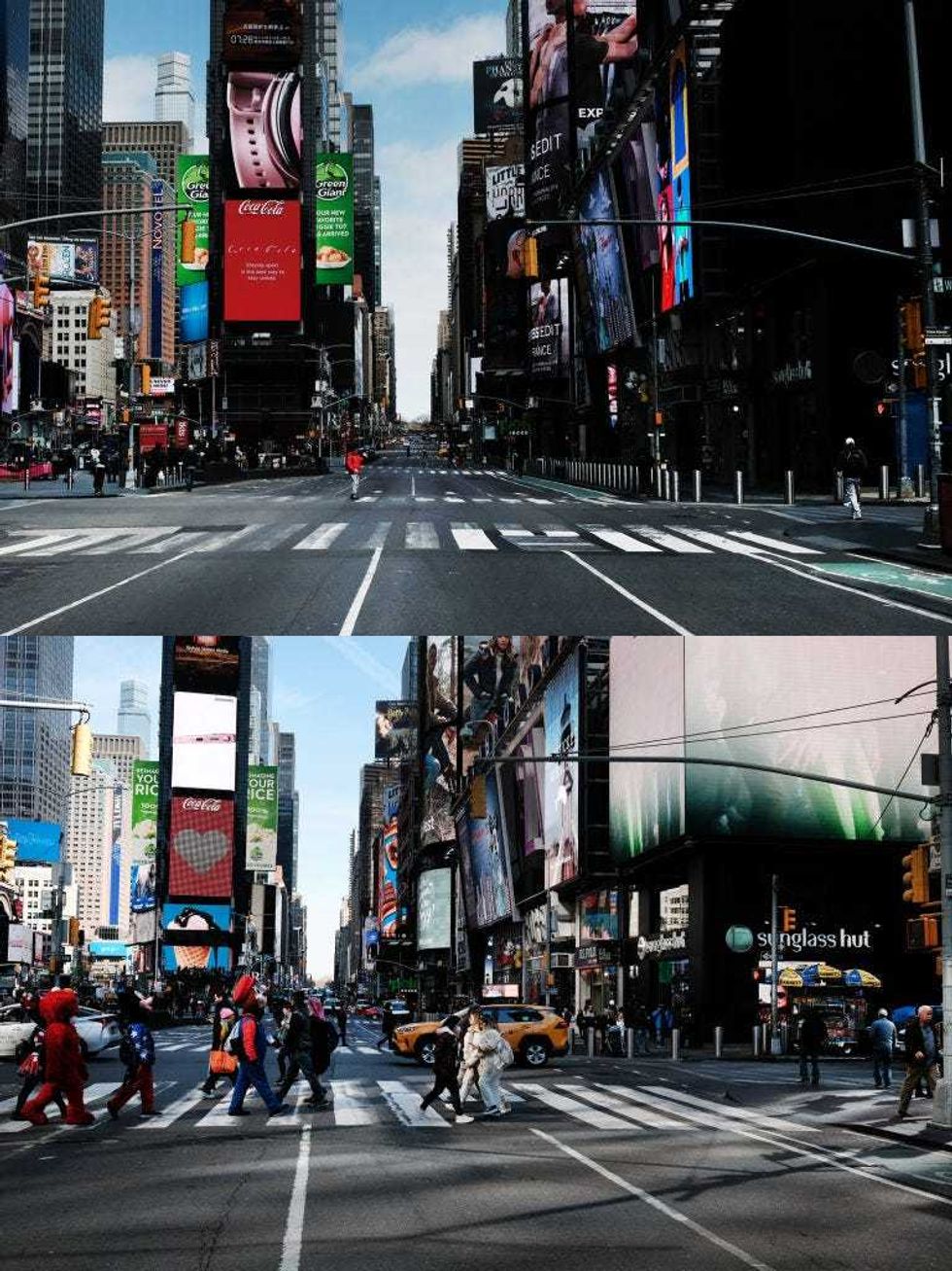 Then and now: The top image shows a nearly empty Time Square on March 22,2020. The bottom image shows the same location two years later on March 11, 2022