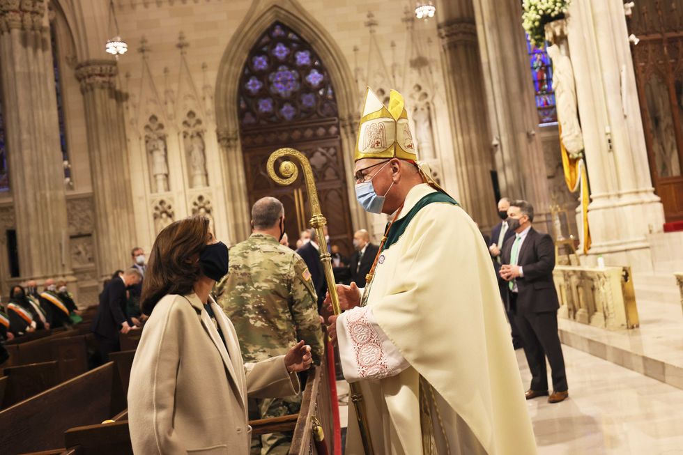 Then-Lt. Gov. Kathy Hochul and Cardinal Timothy Dolan speak after the conclusion of a St. Patrick