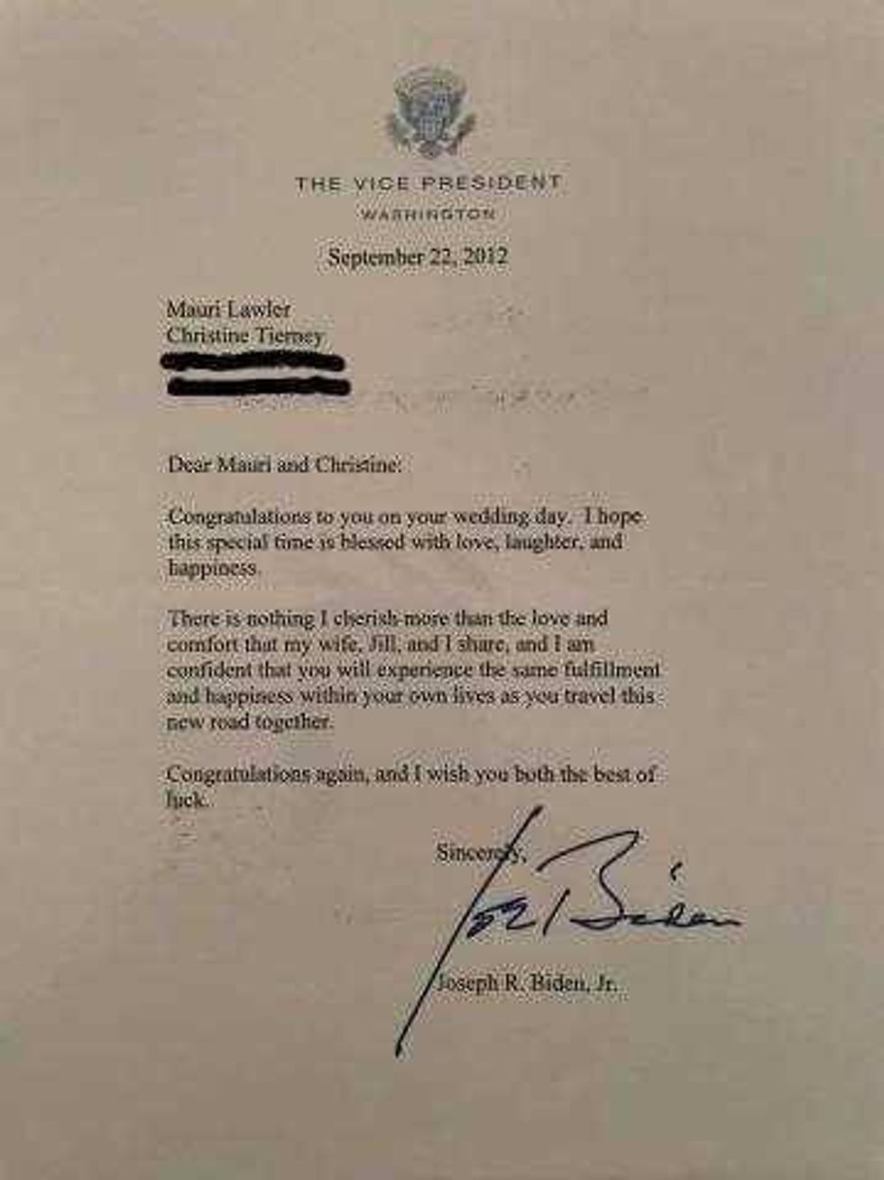 Then-Vice President Joe Biden sent a letter to Mauri Lawler and Christine Tierney congratulating them for their wedding, in 2012.
