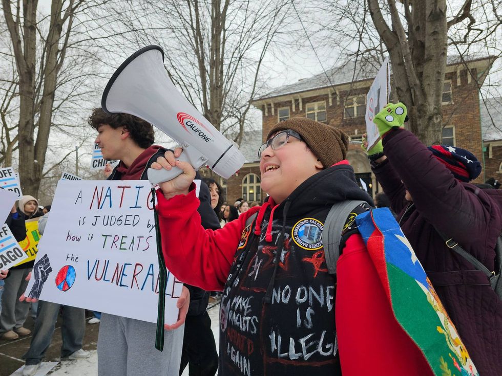 Theodore Roosevelt High School senior Zay Martinez (pictured with megaphone) tells WBBM Newsradio Chicago that he helped organize the anti-ICE protest because he could not stay silent. February 2, 2026.