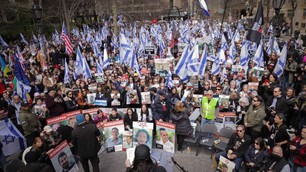 "They Are Out Of Time" rally for Hamas-held hostages, marking 6-month mark of Oct. 7, across from UN at Dag Hammarskjöld Plaza on April 7, 2024.